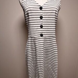 LOFT Gray and White Striped Dress Stretch Midi Buttons